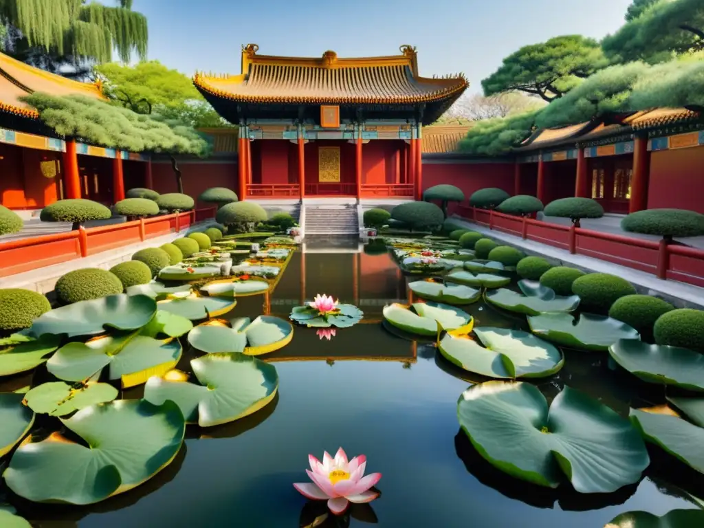 Vista detallada de jardines imperiales en Beijing, evocando serenidad en la metrópolis