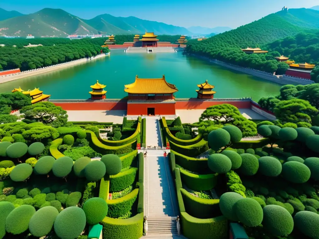 Vista detallada de los Jardines Imperiales en China, mostrando la armonía entre la naturaleza y el diseño humano