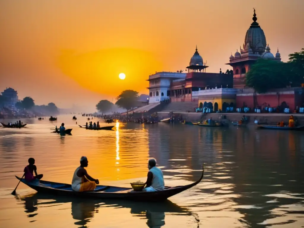 Vista detallada del río Ganges al amanecer, con luz dorada suave iluminando las orillas y reflejándose en el agua