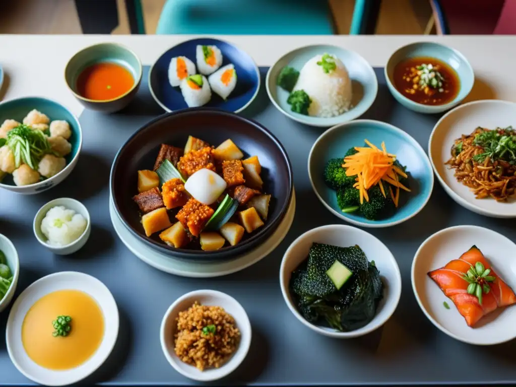 Una vista detallada de una mesa de comedor tradicional coreana con una variedad de platos de banchan, incluyendo kimchi, namul y jeon