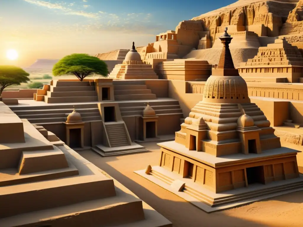 Vista detallada en 8k de MohenjoDaro con representaciones artísticas Valle Indo, baño, calles y estupa junto al río Indo