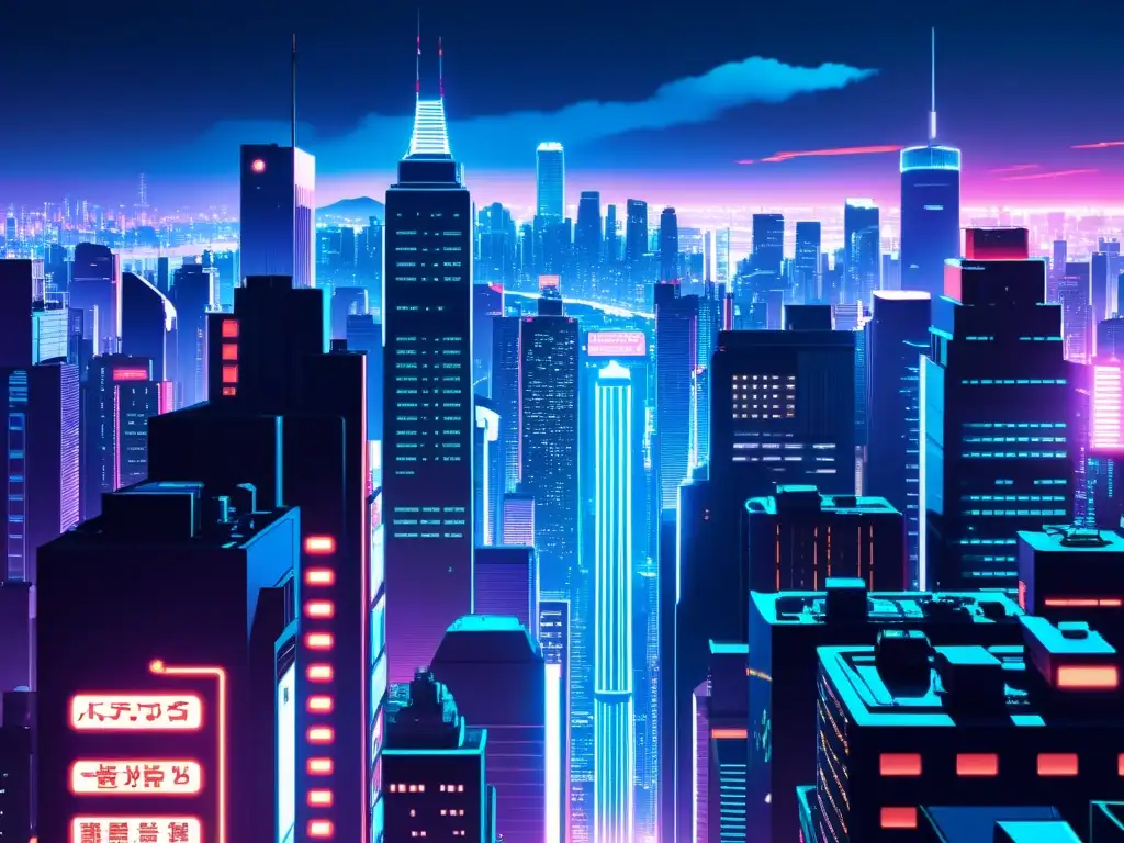 Vista detallada de NeoTokyo, la ciudad futurista del anime 'Akira', con rascacielos, luces de neón y tecnología avanzada