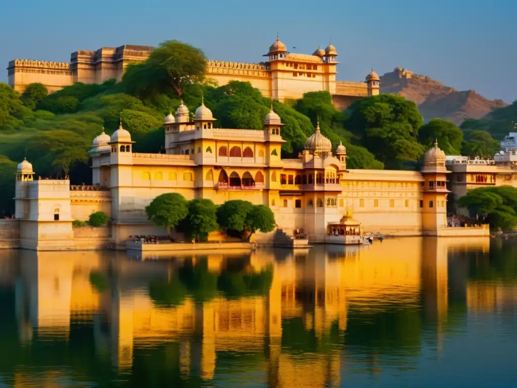 Vista detallada del Palacio de la Ciudad de Udaipur al atardecer, reflejándose en el lago Pichola