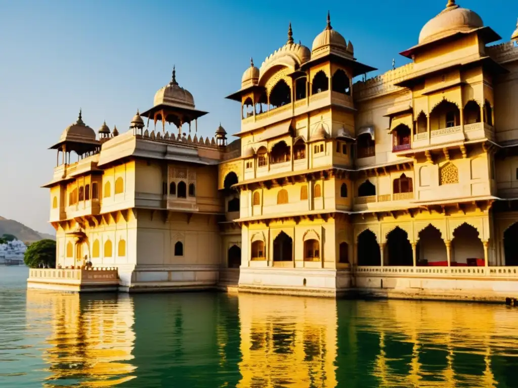 Vista detallada del Palacio de la Ciudad de Udaipur, India, reflejando su opulencia y mezcla de estilos arquitectónicos, con vistas al lago Pichola