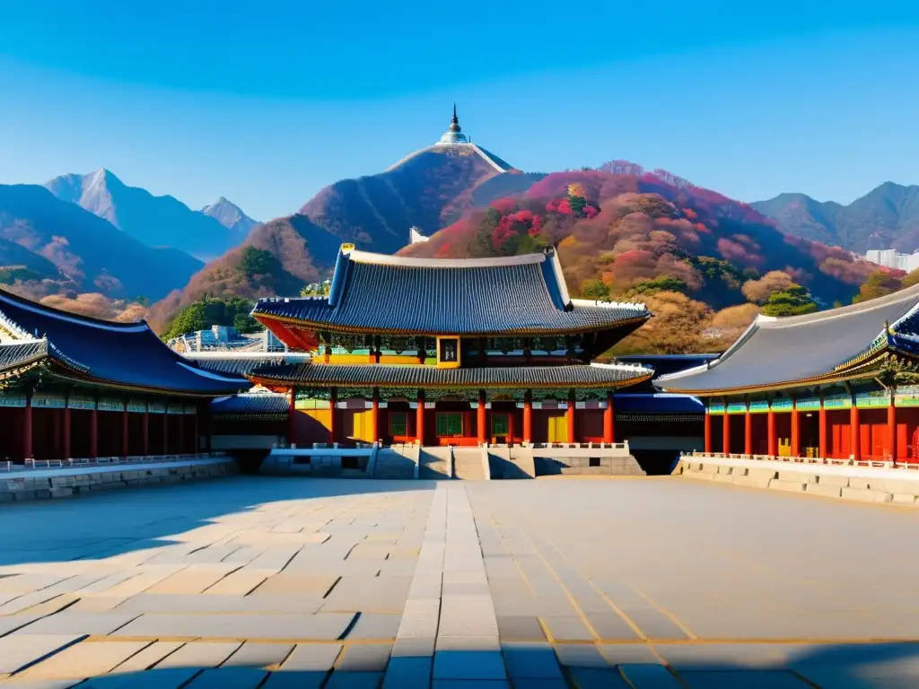 Vista detallada del Palacio Gyeongbokgung en Seúl, con montañas al fondo y visitantes en hanbok