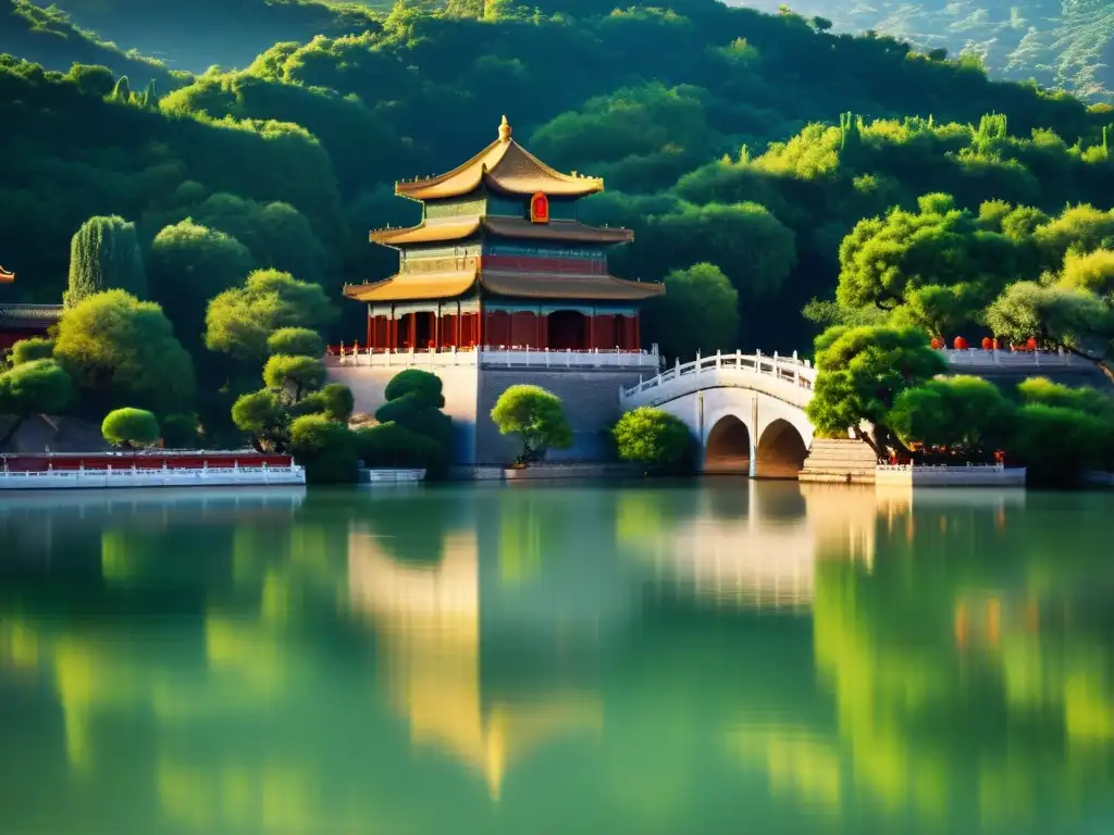 Vista detallada del Palacio de Verano en Beijing, China, con simbolismo de palacios imperiales y jardines exuberantes junto al lago Kunming