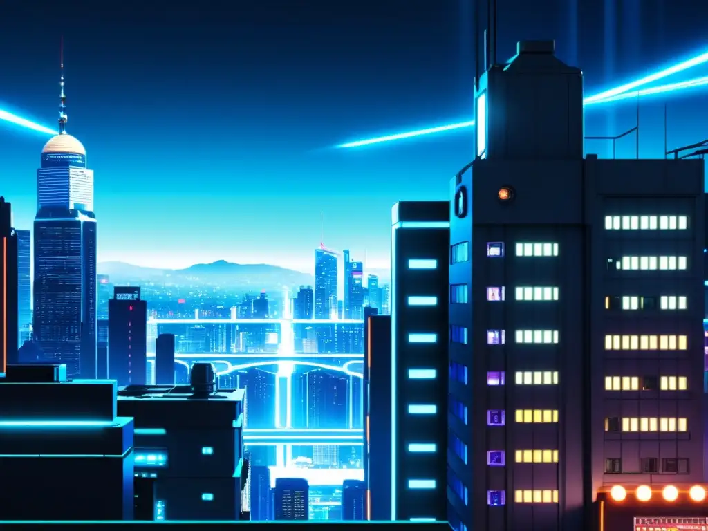 Vista detallada de un panel de Ghost in the Shell: Stand Alone Complex, con una futurista ciudad cybernetica y luces de neón