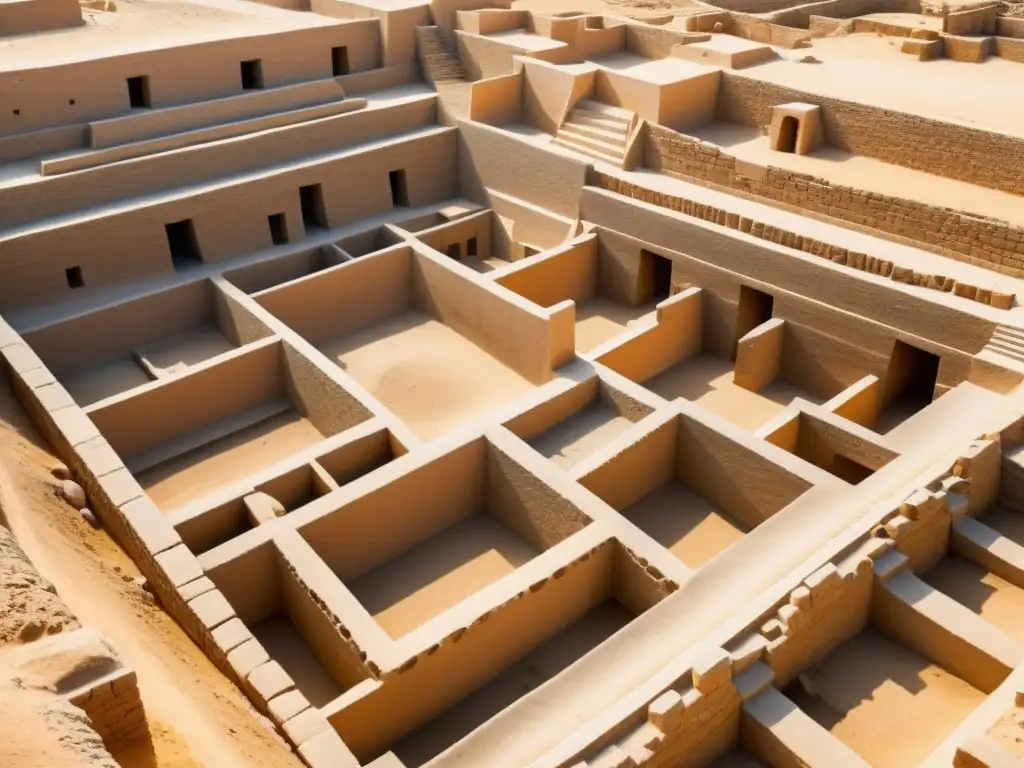 Vista detallada del sitio de excavación en Mohenjodaro, revelando la impresionante planificación urbana y la arquitectura antigua