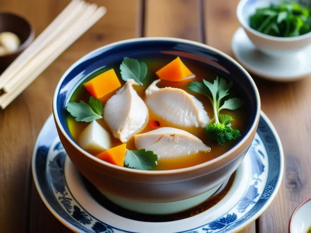 Una vista detallada de un tazón de cerámica coreana con sopa de pollo al ginseng, resaltando los colores vibrantes y las texturas intrincadas