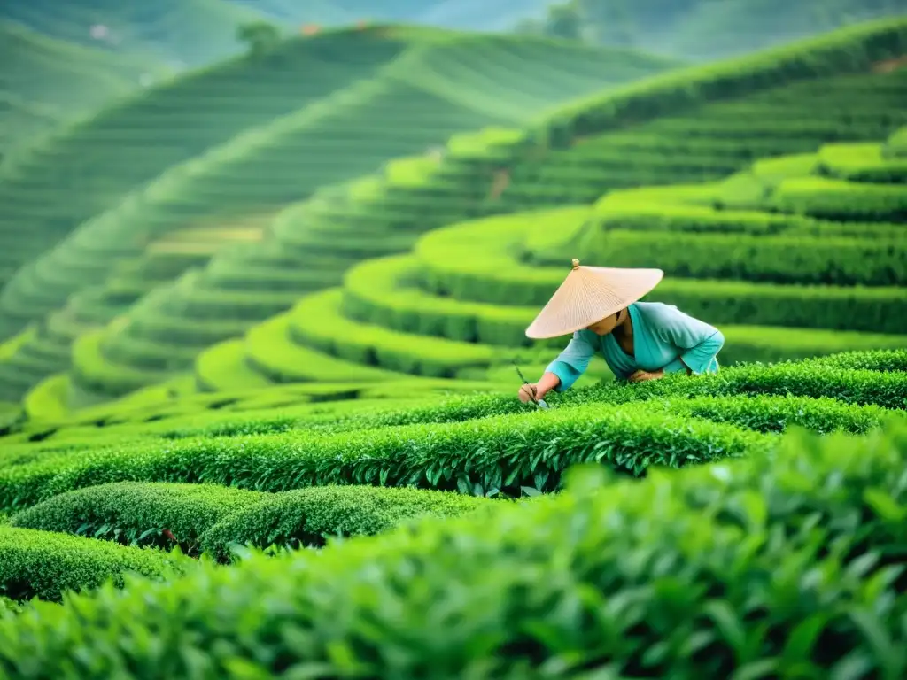 Vista detallada de plantación de té en Asia, con trabajadores cosechando hojas, montañas en la neblina