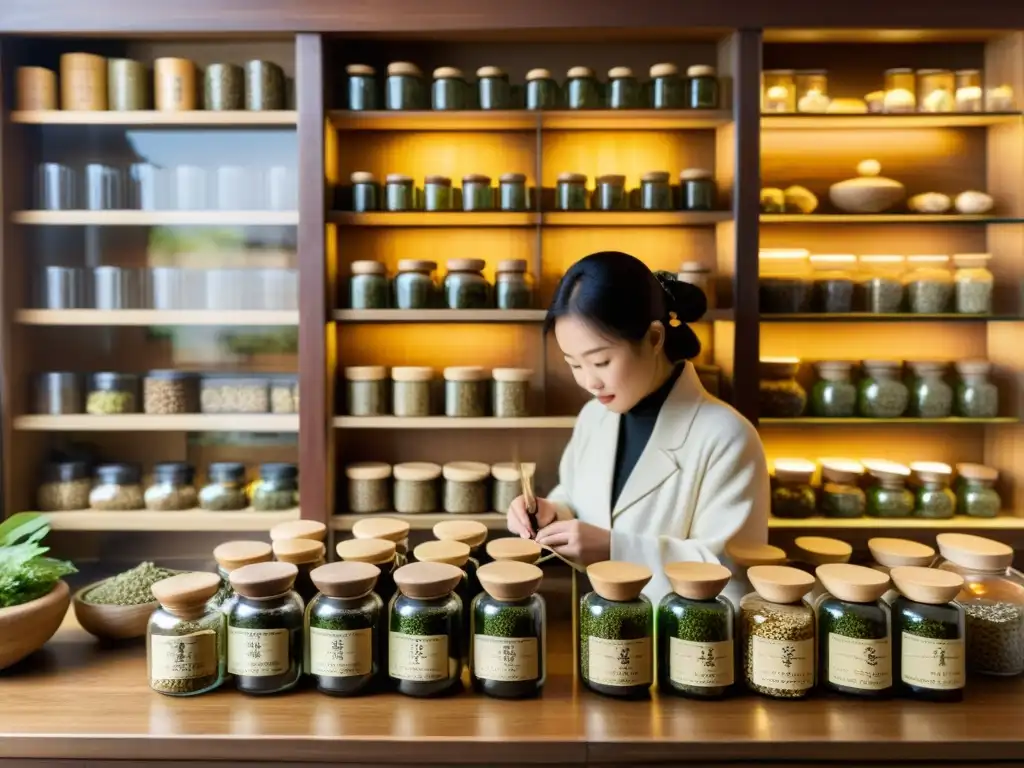 Una vista detallada de una tradicional tienda de hierbas chinas, con estantes de madera repletos de hierbas secas en frascos de vidrio