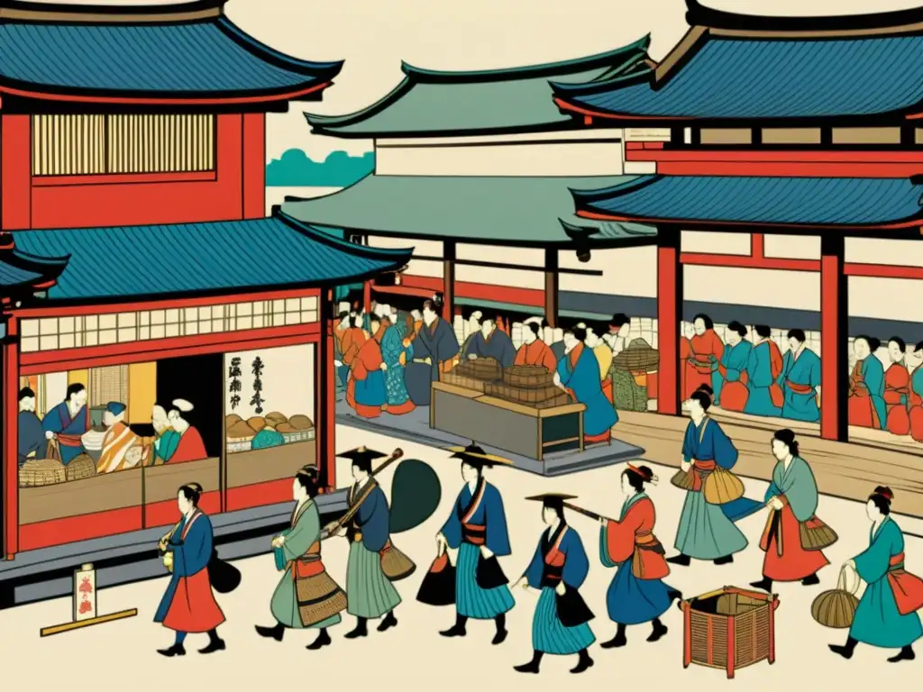 Vista detallada de la vida en el Japón feudal, con samuráis, geishas y comerciantes, una representación animada de la historia japonesa