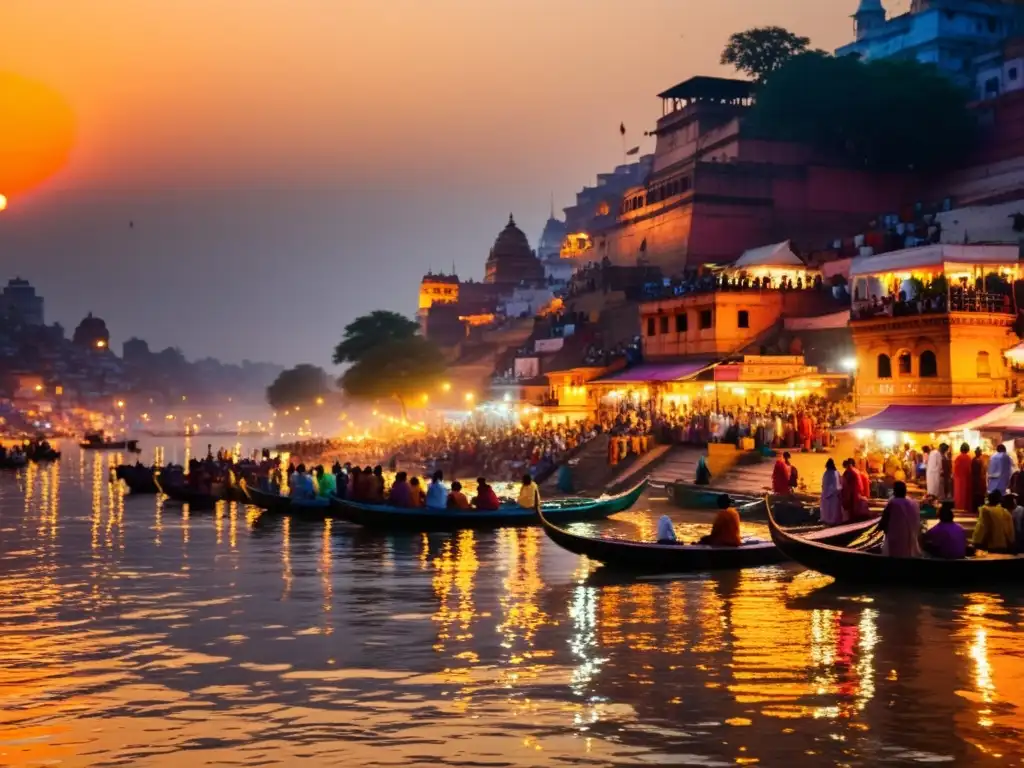 Vista documental del Ganges en Varanasi al atardecer, reflejando la vida sagrada y el significado del Ganges en Hinduismo