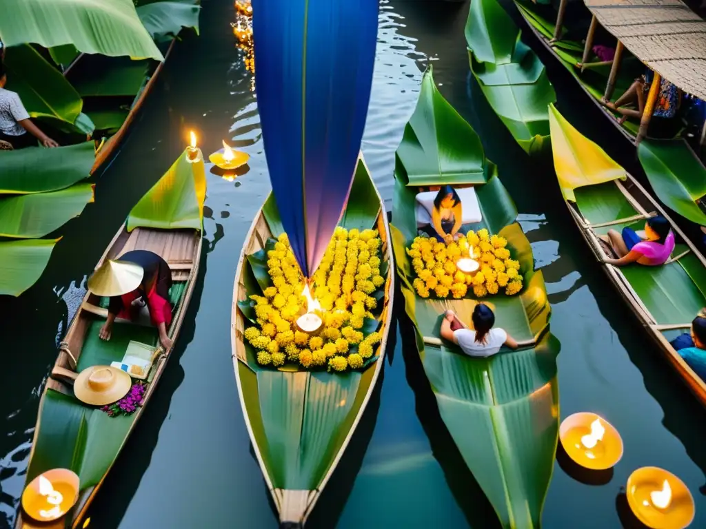 Vista documental del bullicioso canal en el festival tailandés Misterios Loi Krathong, con gente lanzando cestas flotantes tradicionales decoradas con hojas de plátano, flores y velas, creando una atmósfera vibrante y festiva