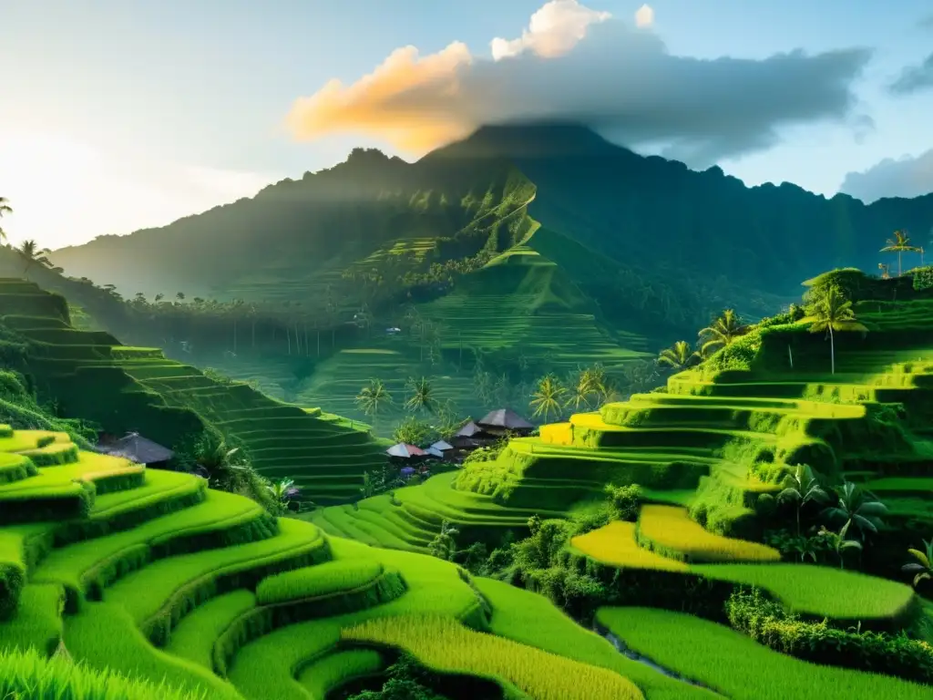 Vista documental del Día del Silencio en Bali: paisaje tranquilo con ceremonia tradicional al atardecer