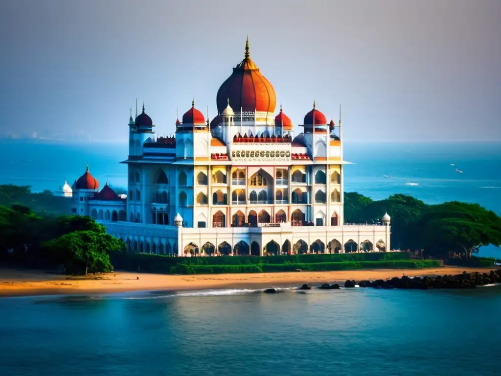 Vista documental del icónico hotel Taj Mahal Palace en Mumbai, con su majestuosa arquitectura y detalles ornamentados frente al mar Arábigo