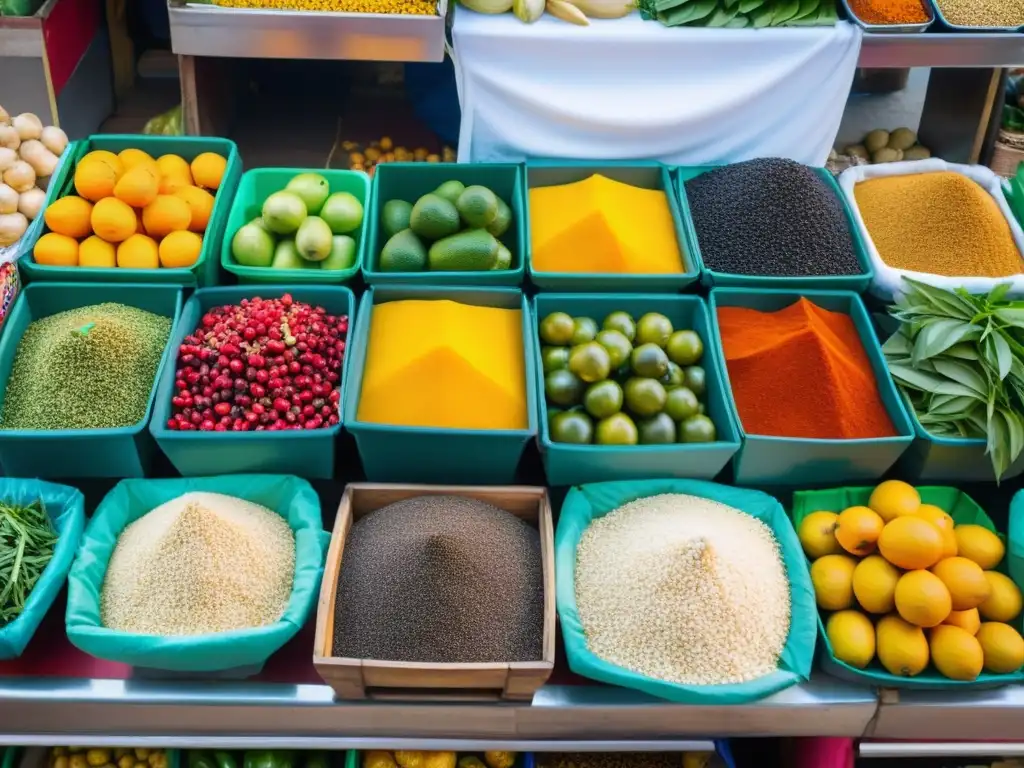 Vista espectacular del bullicio de un mercado asiático, con frutas exóticas, especias coloridas y ambiente auténtico