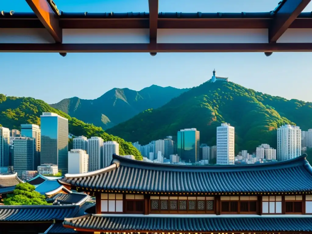 Vista espectacular de una Casa Hanok tradicional coreana entre rascacielos modernos en Seúl, evocando una belleza cultural atemporal