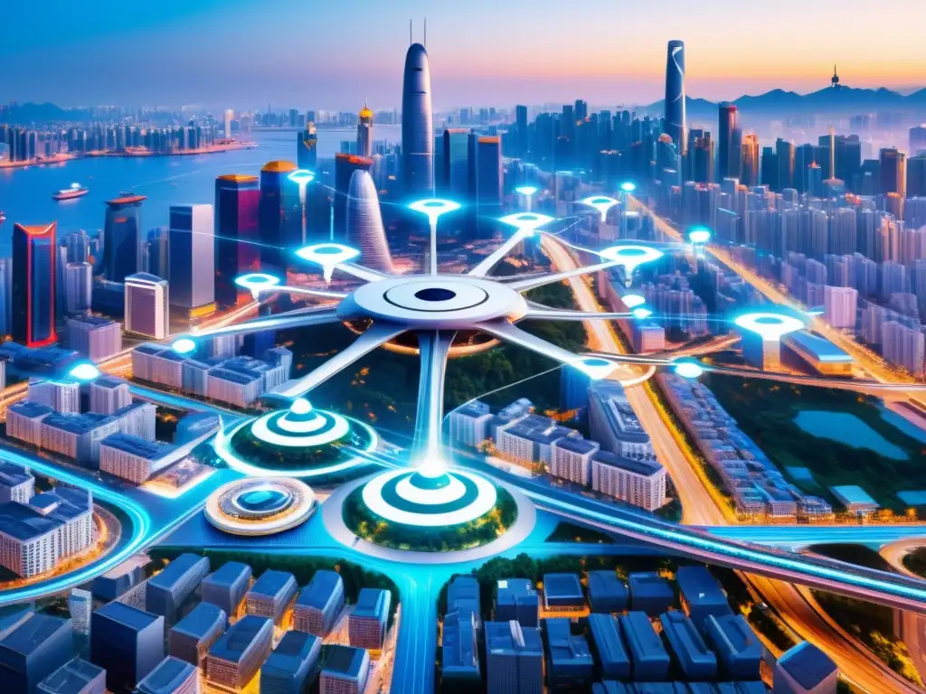 Vista futurista de una ciudad china con tecnología 5G integrada, mostrando innovación y conectividad en la sociedad china