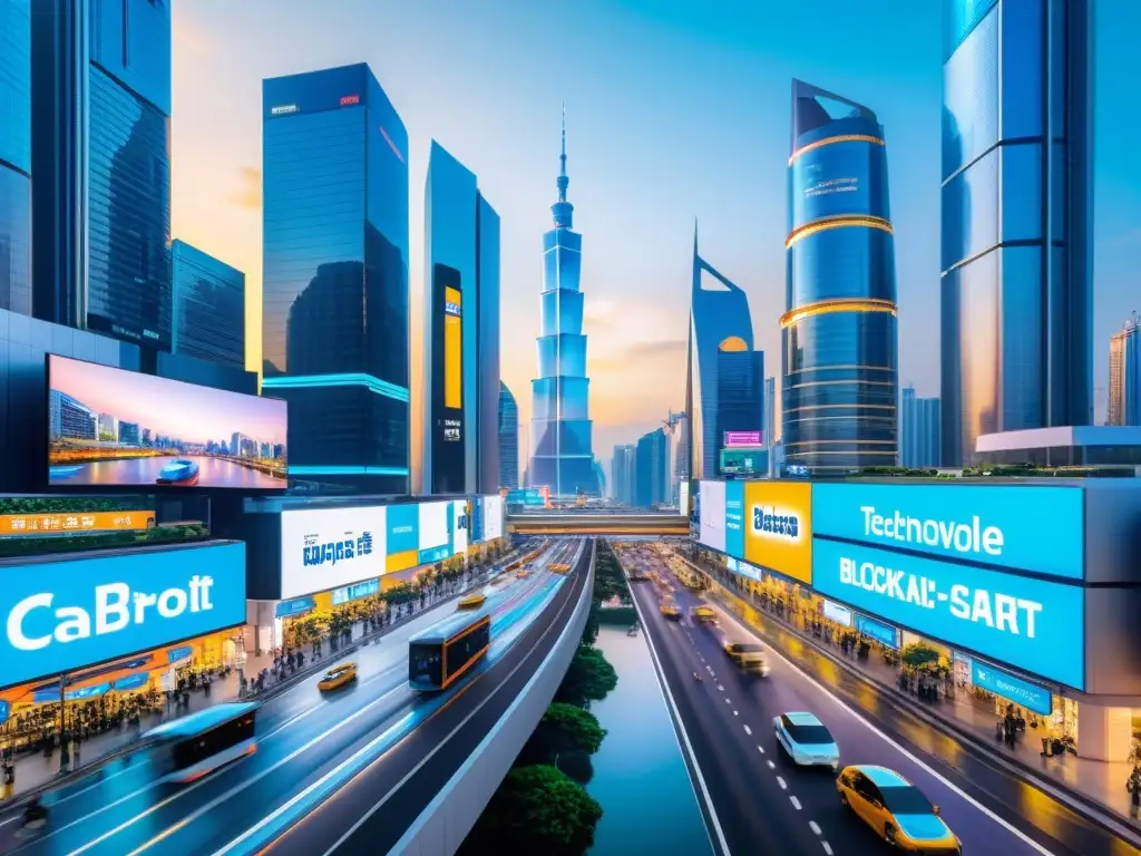 Vista futurista de una ciudad en Asia con tecnología blockchain en smart contracts, mostrando un entorno urbano dinámico y avanzado