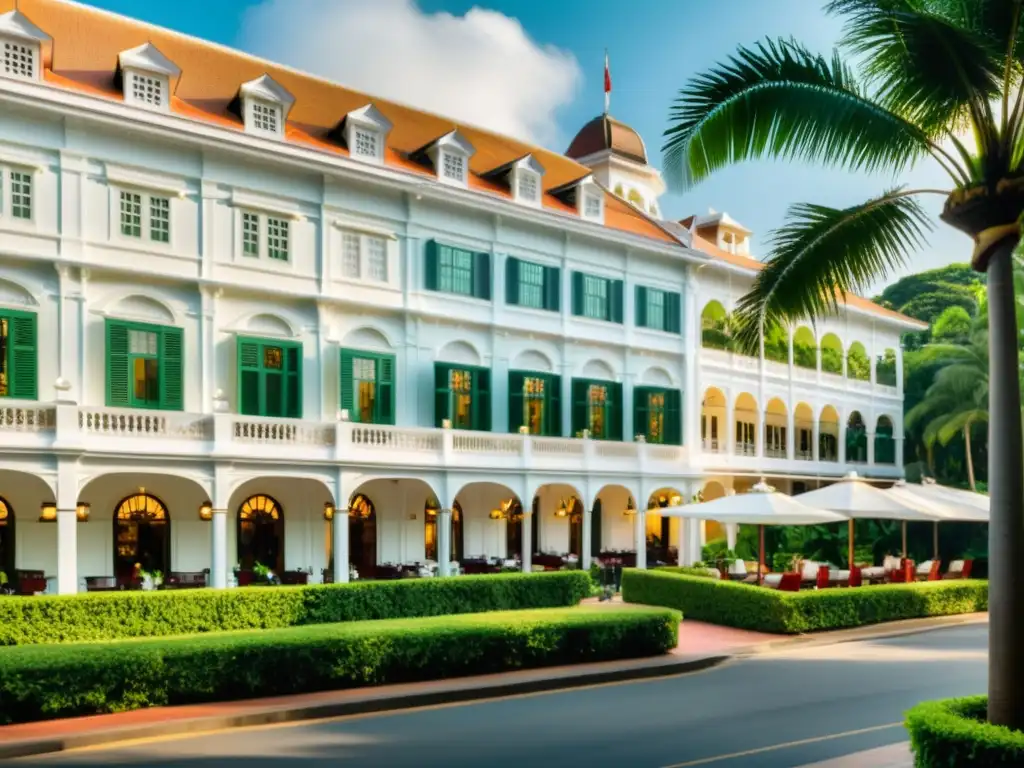 Vista del histórico Raffles Hotel en Singapur, con su fachada blanca y exuberante vegetación, bañado por la cálida luz de la tarde