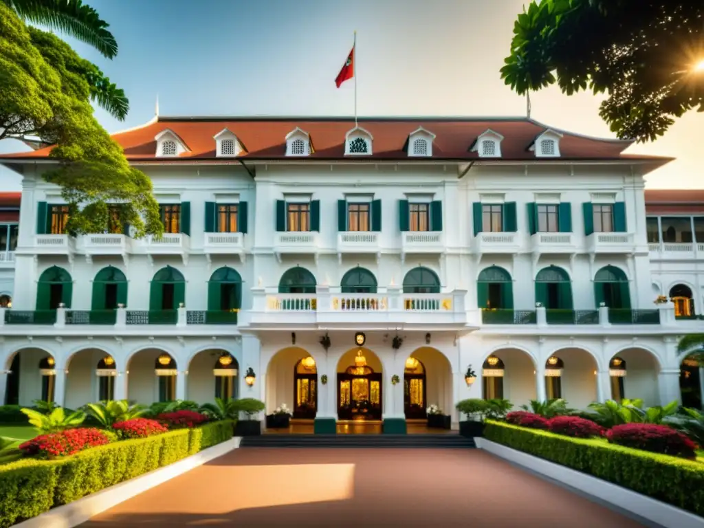 Vista del icónico Raffles Hotel en Singapur con arquitectura colonial, exuberante vegetación y ambiente de lujo