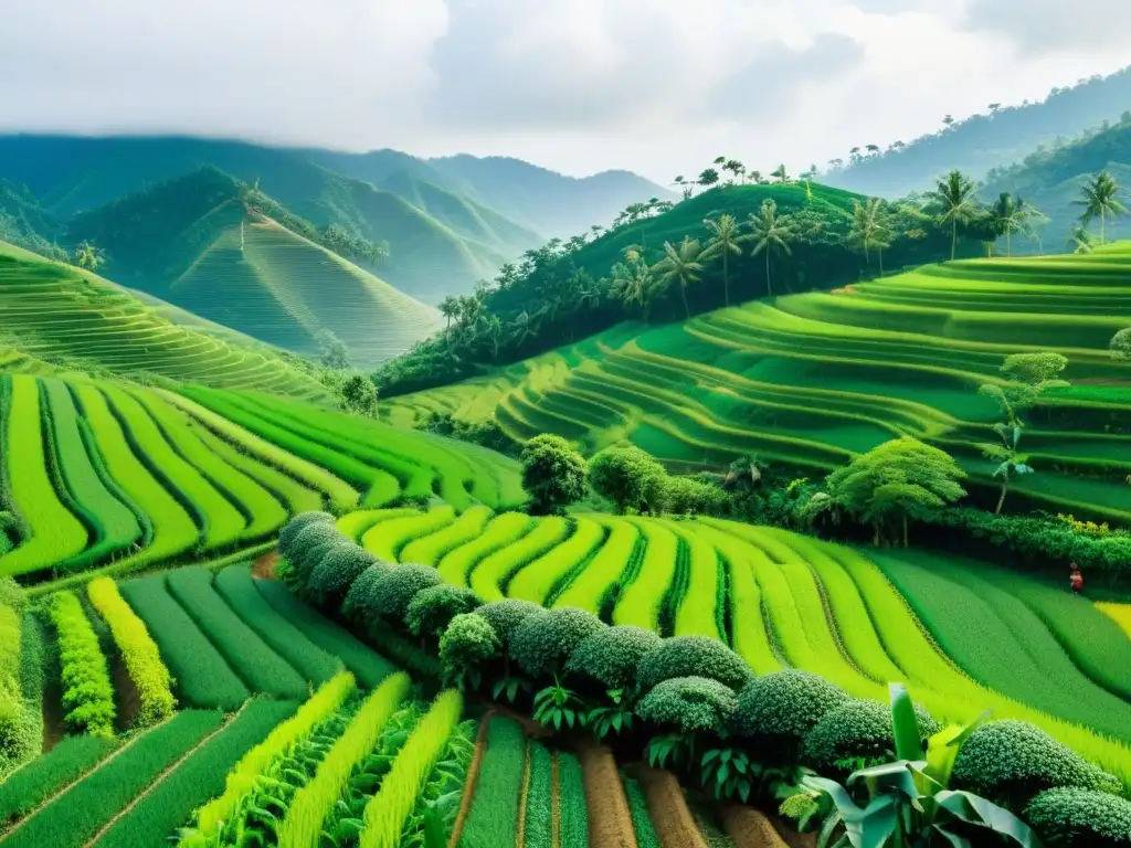 Vista idílica de agricultura sostenible con prácticas de gestión de suelos en Asia, en un paisaje de agroforestería exuberante y diverso