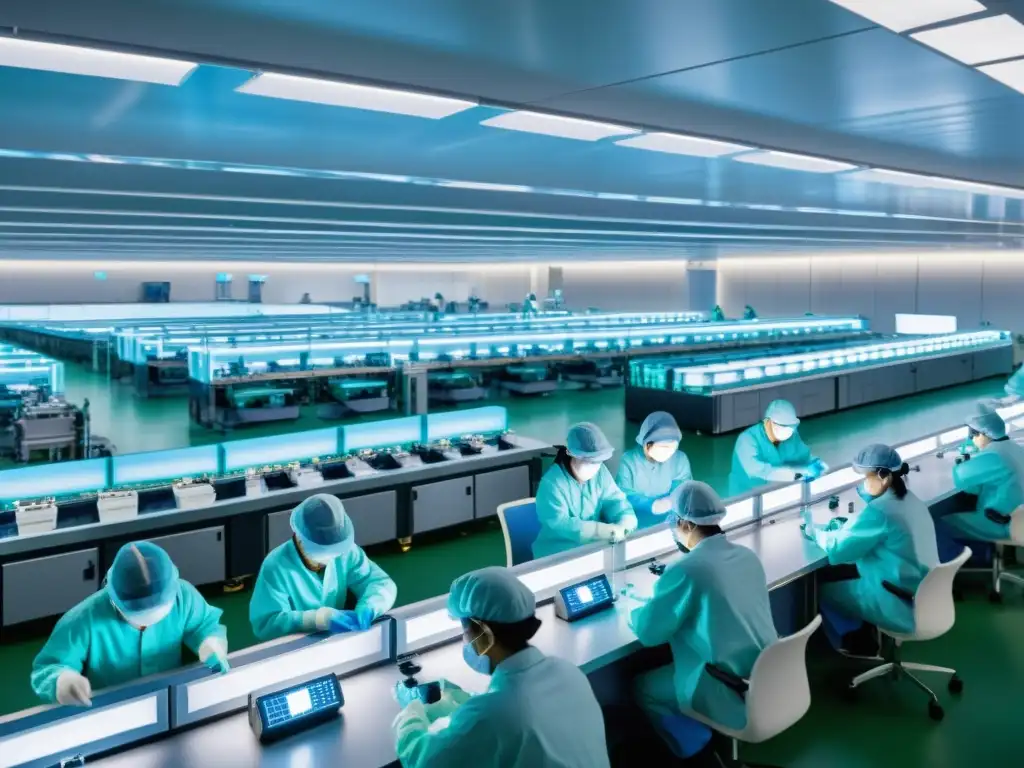 Vista impactante de una fábrica de semiconductores en Asia, con trabajadores ensamblando componentes electrónicos