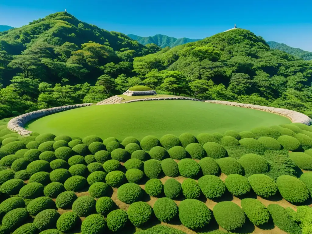 Vista impactante de tumbas coreanas antiguas en medio de exuberante vegetación y cielos azules claros