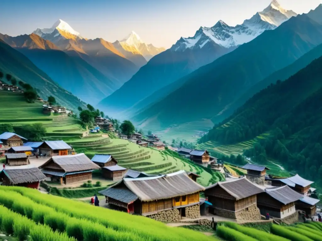 Vista impresionante de una aldea aislada en el Himalaya con tradiciones ancestrales, casas de madera tallada y picos nevados al fondo