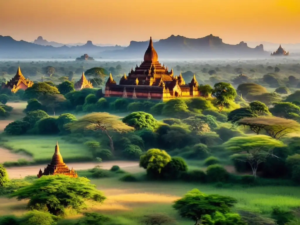 Vista impresionante de las antiguas pagodas de Bagan, bañadas por la cálida luz dorada del atardecer, emanando espiritualidad en Birmania