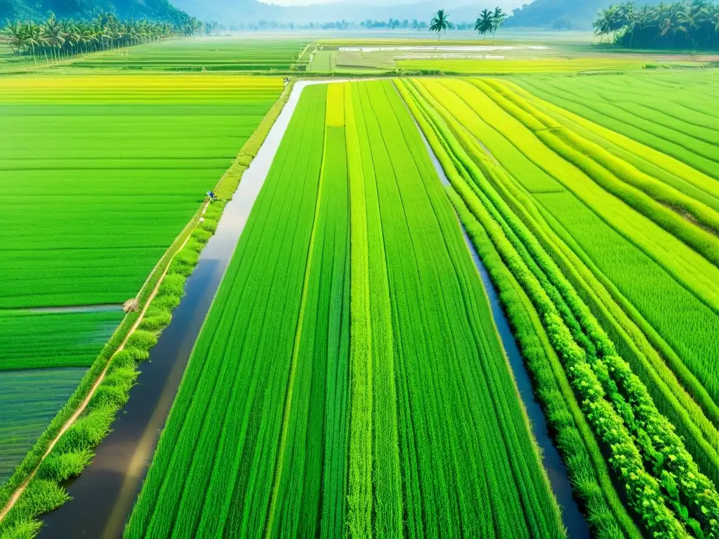 Vista impresionante de arrozales en Asia, con cultivos verdes y trabajo cuidadoso