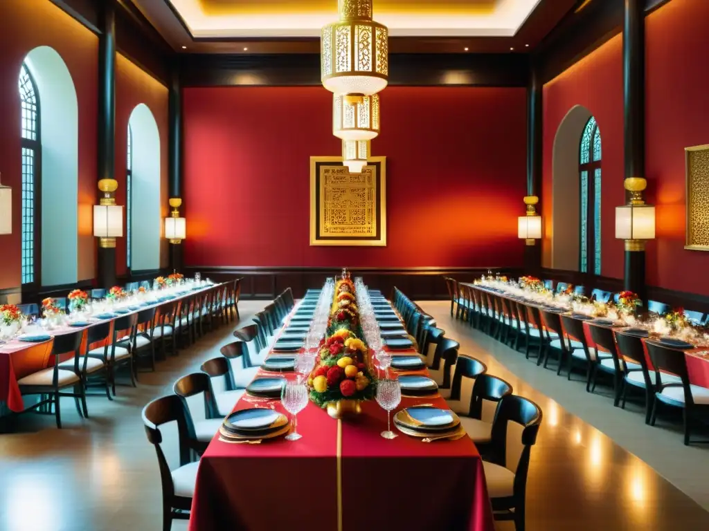 Vista impresionante de banquete inspirado en la Dinastía Ming con chefs preparando platos tradicionales y toque contemporáneo