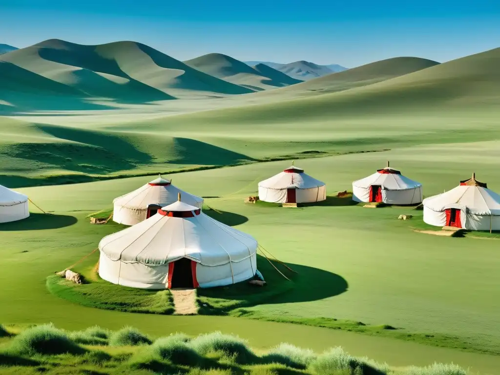 Vista impresionante de la estepa mongola, yurtas blancas contrastan con el paisaje verde, convivencia con nómadas mongolas