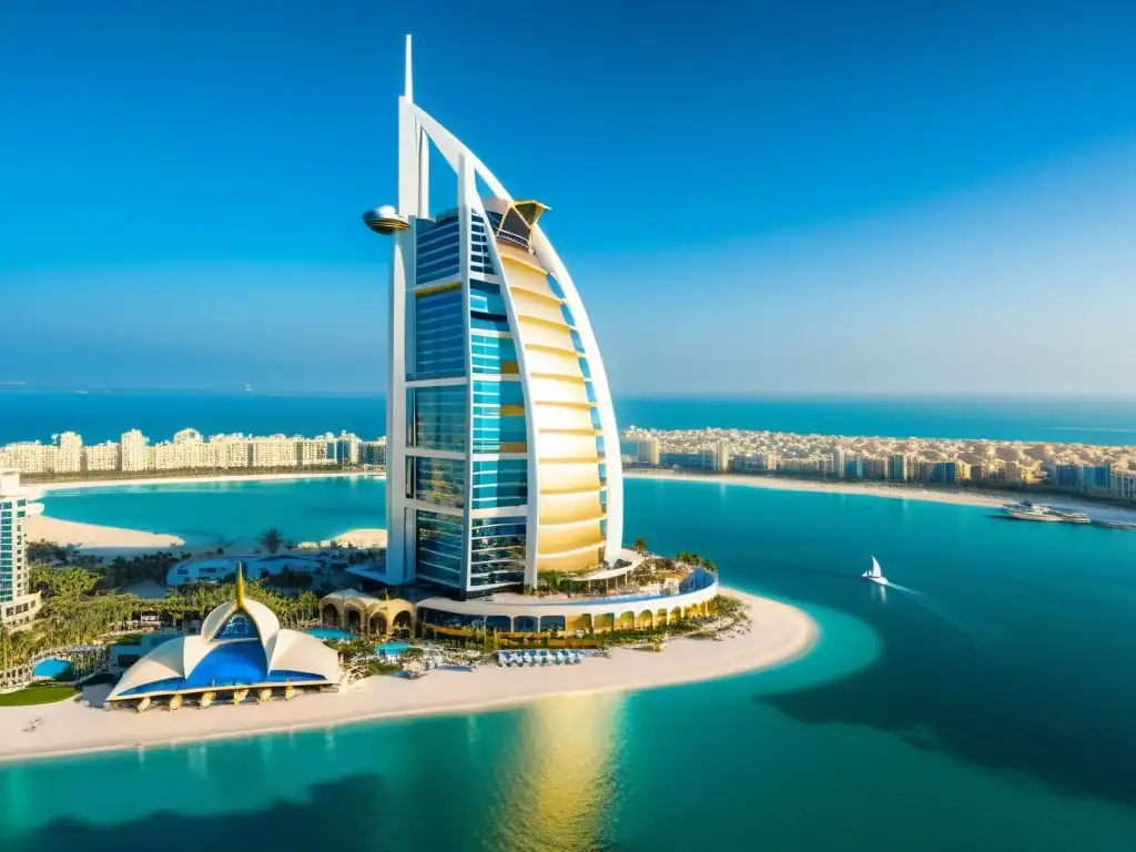 Vista impresionante del Burj Al Arab, símbolo de hoteles de lujo en Dubái, con su fachada dorada brillando bajo el sol