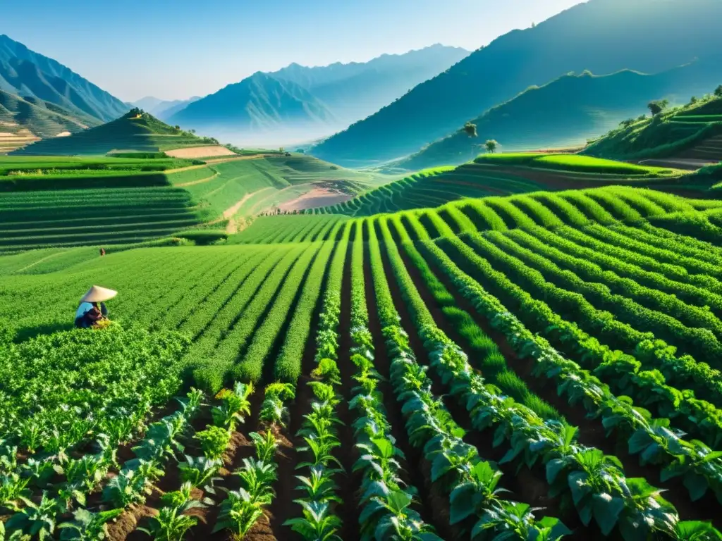 Vista impresionante de campos de cultivo verdes y exuberantes en China, con trabajadores en trajes tradicionales