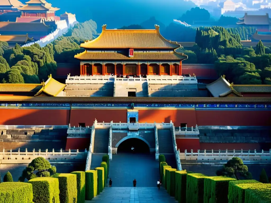 Vista impresionante de la Ciudad Prohibida en Beijing, China, con sus jardines exuberantes y cielos azules