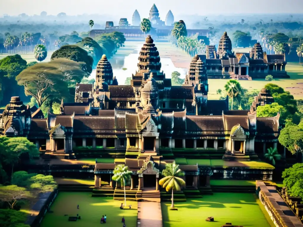 Vista impresionante del complejo del templo de Angkor Wat en Camboya, con detalles de tallados en piedra, torres altas y vegetación exuberante