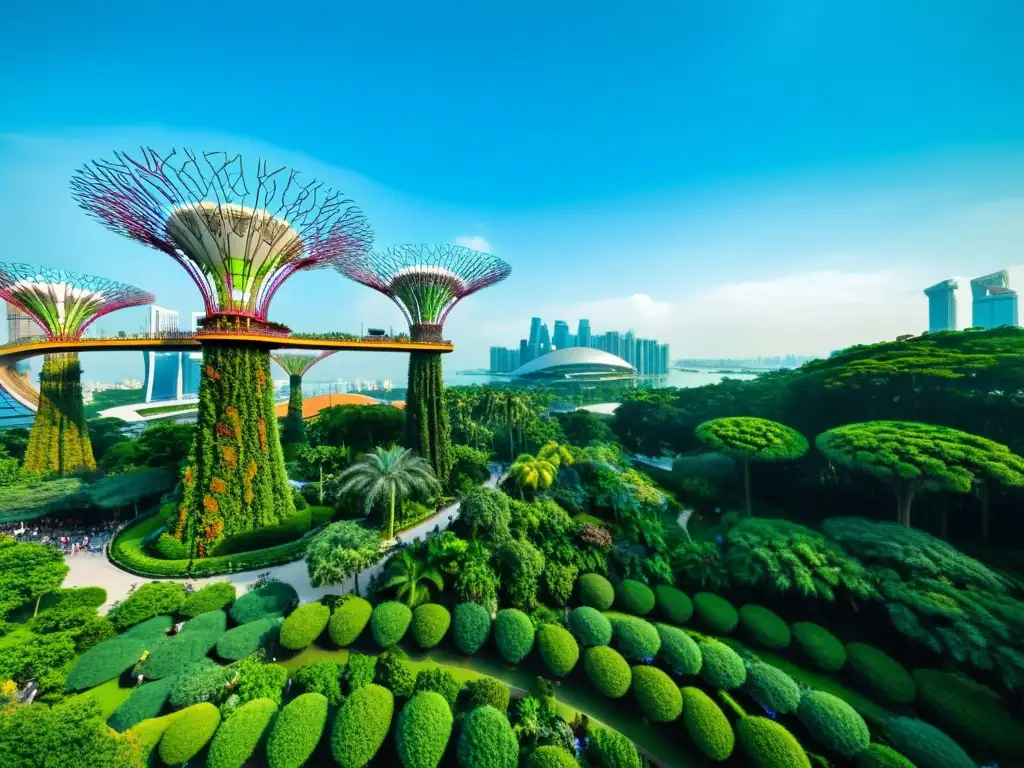 Vista impresionante del Supertree Grove en Gardens by the Bay, Singapur, ejemplificando el diseño biofílico en arquitectura asiática