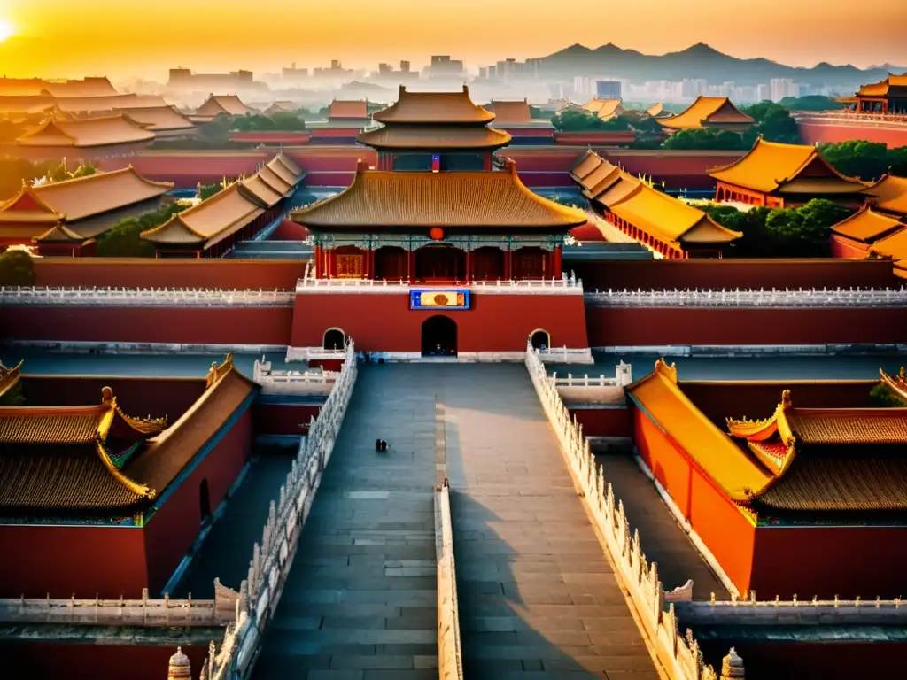 Vista impresionante de la estructura social antigua China en la majestuosa Ciudad Prohibida de Beijing, iluminada por un vibrante atardecer dorado