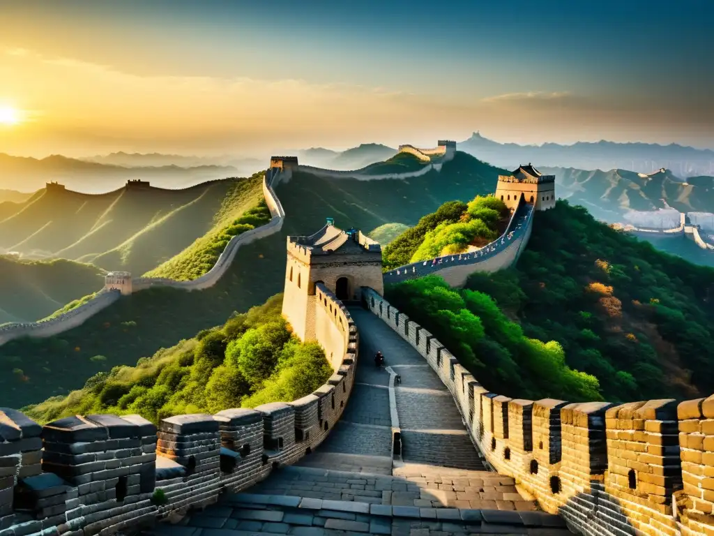 Vista impresionante de la Gran Muralla China y el skyline de Beijing, mostrando el legado de la cultura china y la arquitectura de la Dinastía Han