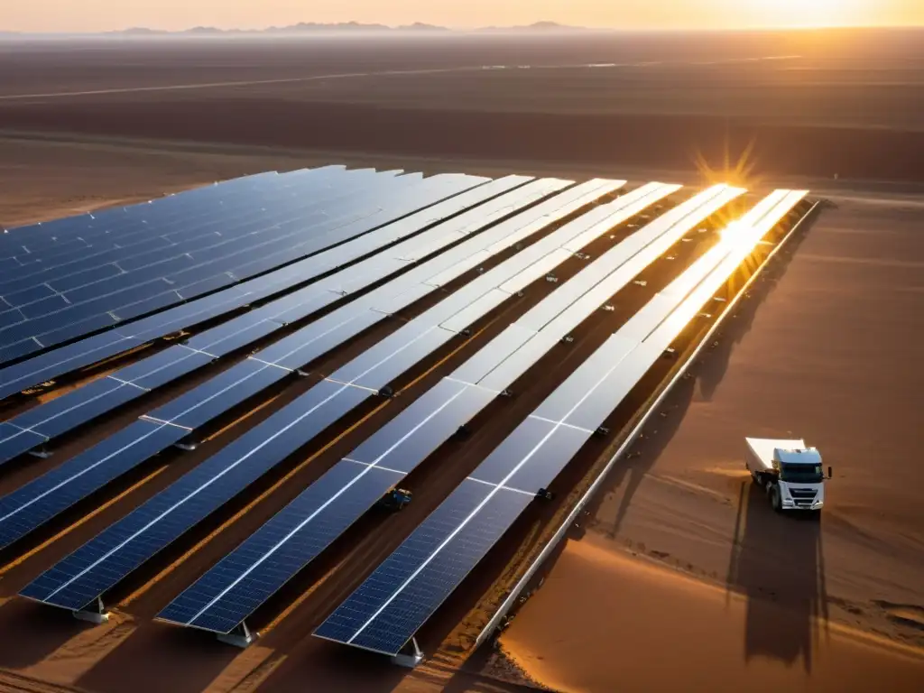 Vista impresionante de granja solar en el desierto de Gobi, con paneles relucientes bajo el sol dorado