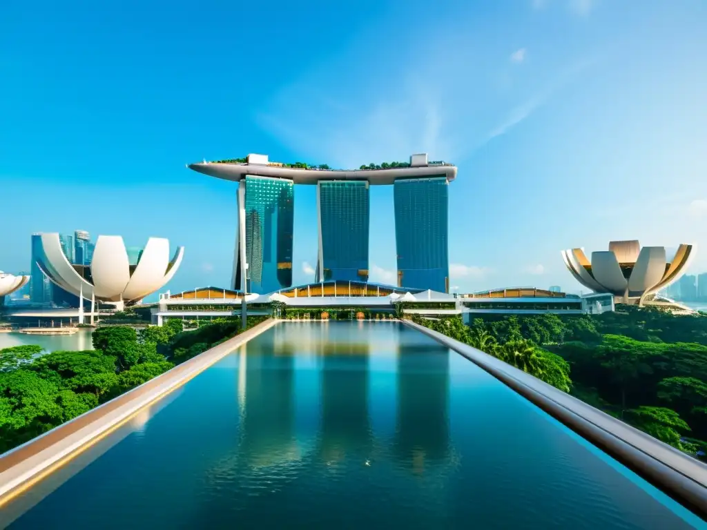 Una vista impresionante del hotel Marina Bay Sands en Singapur, con su arquitectura única, piscina infinita en la azotea y el horizonte urbano