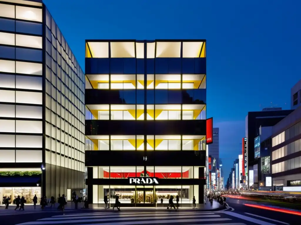 Vista impresionante de la icónica tienda de Prada en Ginza, Tokio, reflejando la energía vibrante de la ciudad