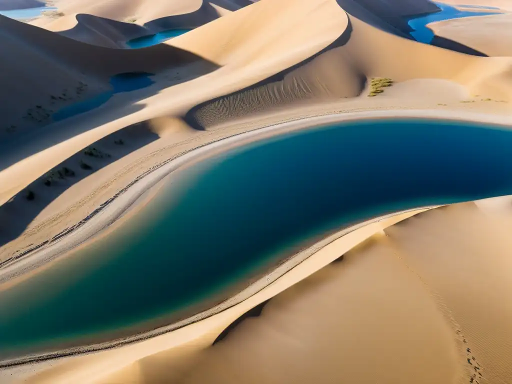 Una vista impresionante del lago Crescent en Dunhuang, con aguas azules y dunas doradas