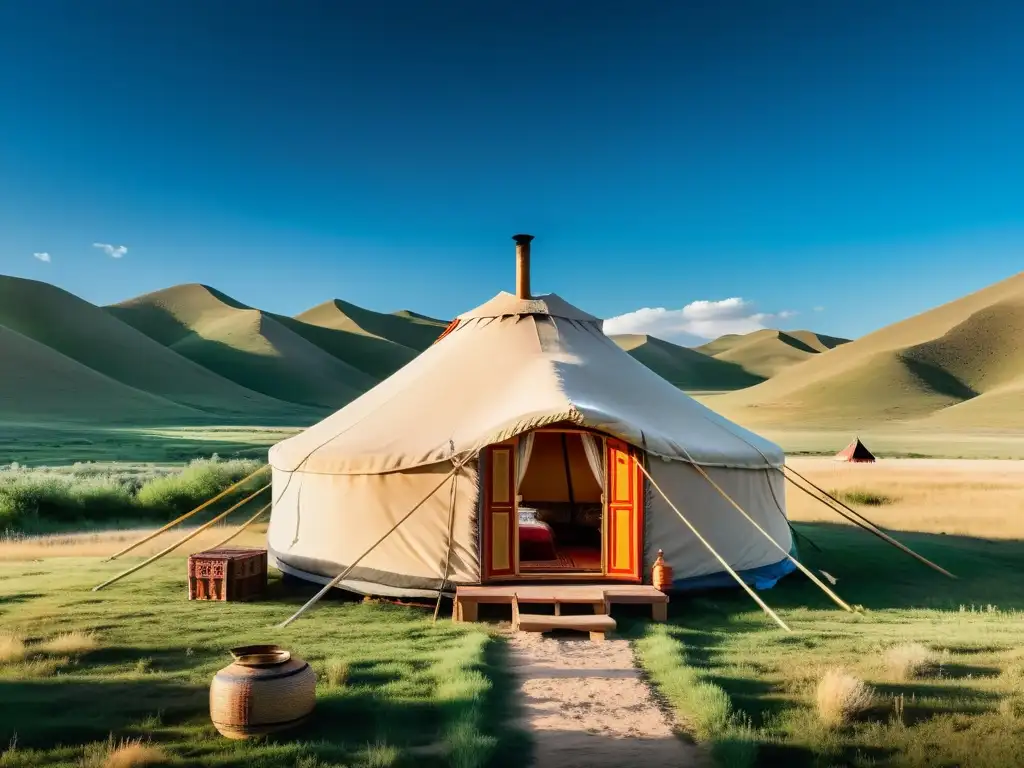 Vista impresionante de un lujoso glamping de yurta en la estepa mongola, con hermosos textiles y mobiliario tallado