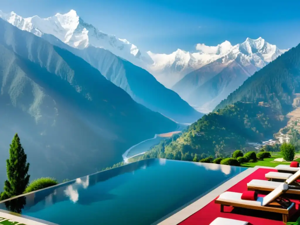 Vista impresionante de un lujoso resort en el Himalaya con paisajes nevados y comodidades opulentas