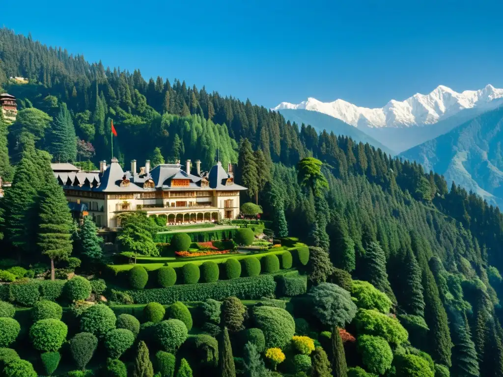 Vista impresionante del lujoso resort colonial The Oberoi Wildflower Hall en el Himalaya, rodeado de montañas serenas