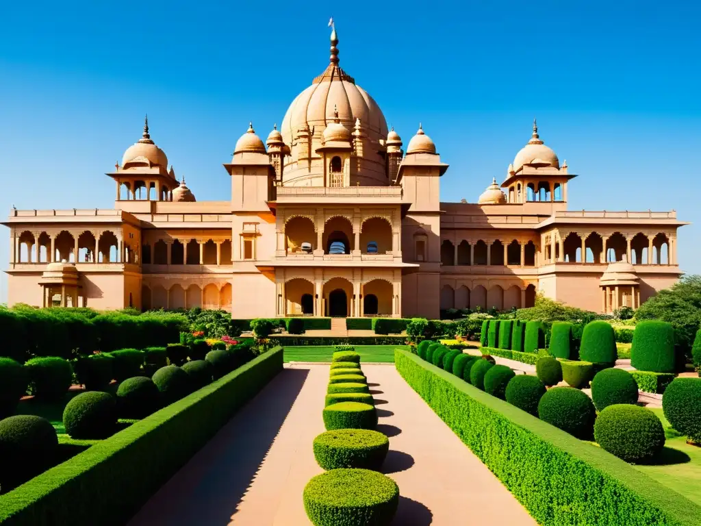 Vista impresionante del majestuoso Palacio Umaid Bhawan en Jodhpur, rodeado de exuberantes jardines bajo un cielo azul claro