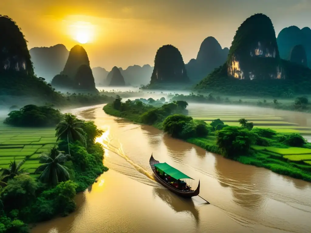 Vista impresionante del majestuoso río Mekong en Asia, con un bote tradicional y sistemas fluviales inexplorados